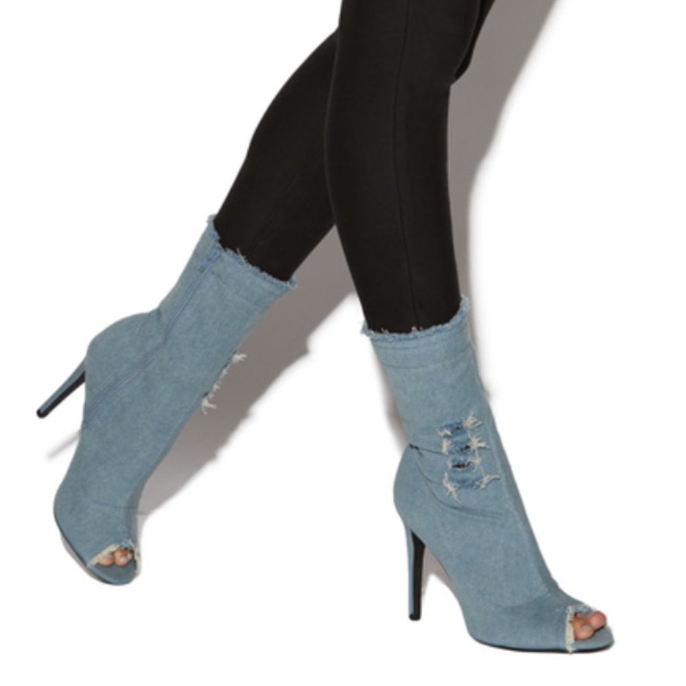 Distressed Denim Heeled Ankle Bootie